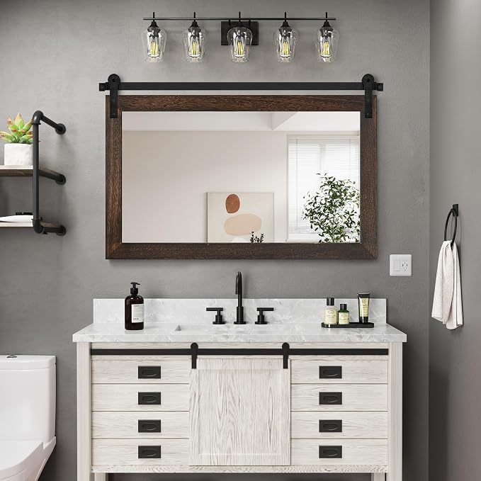 COGOOD Farmhouse Bathroom Mirror - 49" x 30" Rustic Barn Door Mirror for Living Room, Entryway, Bedroom, Vanity Wall Decor (Black Brown) - Image 2