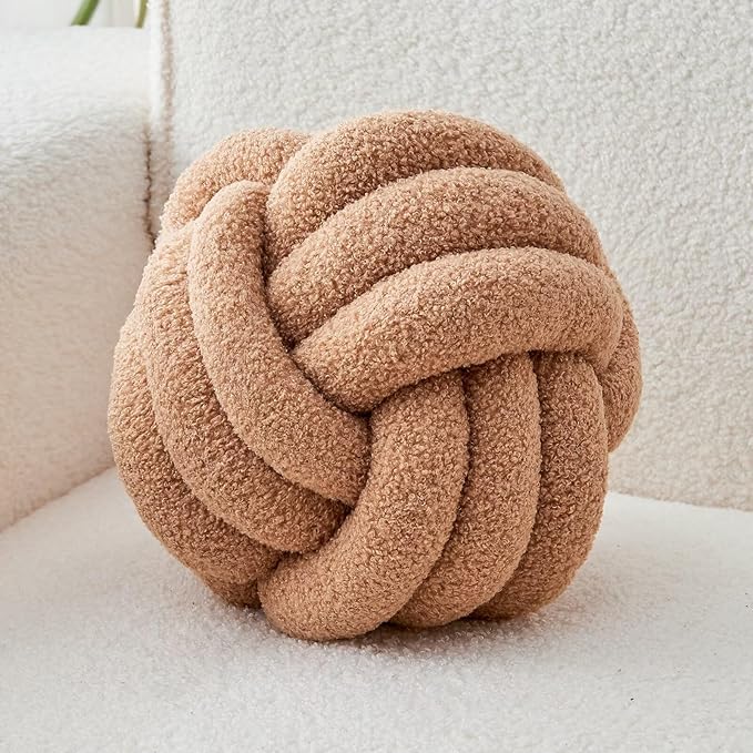 LUSJNGE Decorative Throw Knot Pillow Ball for Home Chair Sofa Couch Bed Aesthetic Round Decor Pillows Lambswool Knotted Pillow Cushion (Khaki, 11 inches)
