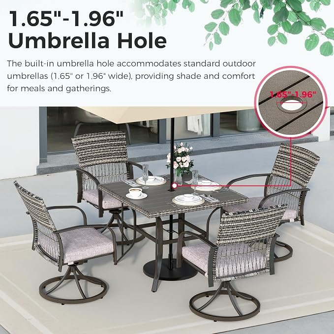 Pamapic 5-Piece Outdoor Dining Set with Swivel Chairs, Rattan Patio Furniture for Backyard, Deck, Garden, Weather-Resistant Iron Slats Table & 4 Chairs with Removable Cushions (Grey) - Image 3