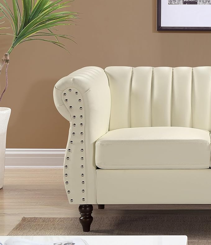 Chesterfield-Inspired 77" Faux Leather Sofa with Elegant Design, Gourd Legs, and Sustainable Pleather Upholstery, 3 Seater Couch for Living Rooms and Offices, Cream White
