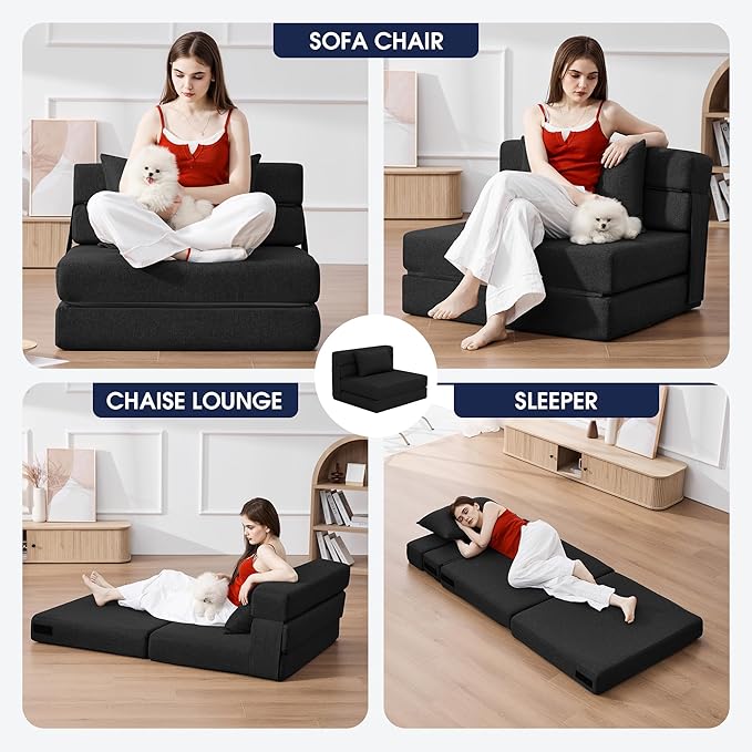KINGYES 3 in 1 Foldable Chair Bed, Folding Sleeper Chair with Back Cushion, Convertible Chair Bed Sleeper for Adults, Black