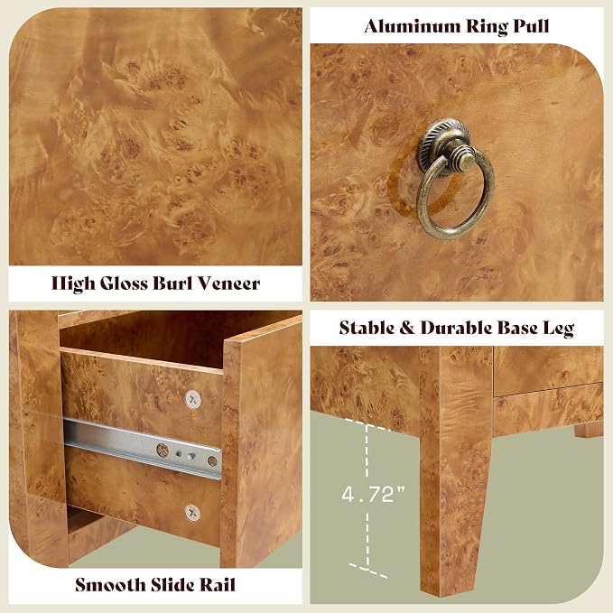 AMERLIFE Mid-Century Modern Nightstand Set of 2 with Drawer, High Gloss Burl Wood Bedside Table, Ample Storage Side Table for Bedroom, Retro Accent End Table, Yellow - Image 8