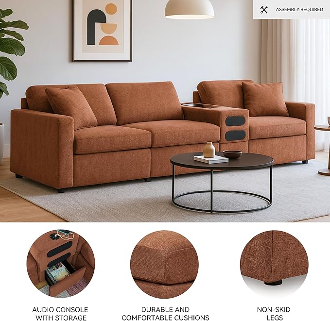 Signature Design by Ashley Modmax Urban Modular Stain Resistant 4-Piece Sectional with Audio Console, Drawer Storage, USB Ports and 2 Accent Pillows, Orange
