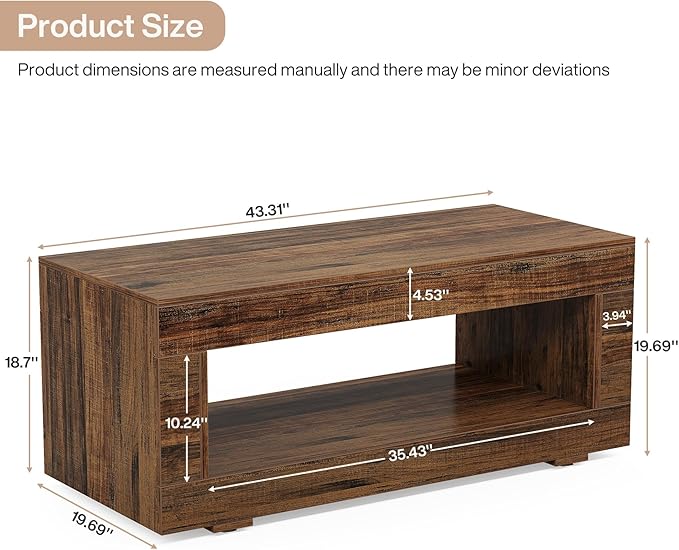 Tribesigns Wood Coffee Table for Living Room, 43.3" Modern Farmhouse Coffee Table with Storage, 2-Tier Rectangular Center Table Cocktail Living Room Table with Sturdy Base, Rustic Brown