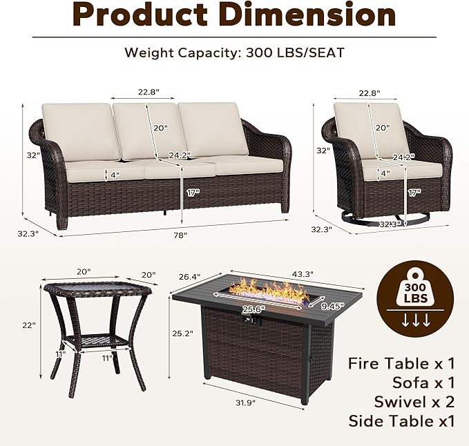 5 Piece Patio Wicker Conversation Set, All-Weather Use Outdoor Wicker Sofa with 2 PE Rattan Ottomans,2 Swivel Chair, 1 Side Table, Ideal for Porch, Backyard, Balcony, Poolside, Beige