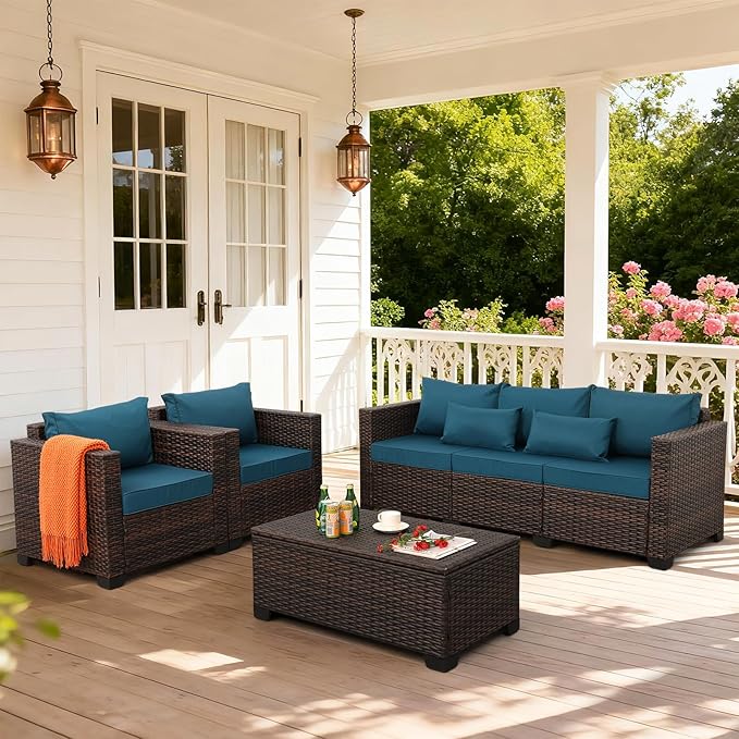 Outdoor Patio Furniture Set 4 Pieces Wicker Outdoor Furniture Chairs and Sofa Patio Storage Table Non-Slip Cushions and Waterproof Covers, Peacock Blue