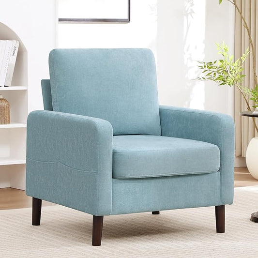 Accent Chair for Living Room, Modern Reading Chair for Bedroom, Upholstered Armchair with Wood Legs and Side Pockets, Single Sofa Side Chair for Office, Small Room, Apartment, Teal Green