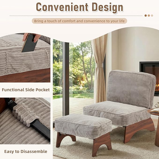 EROMMY Accent Chair with Ottoman, Modern Corduroy Living Room Chair with Adjustable Backrest & Footrest Set, Comfy Reading Chair for Living Room Bedroom Reading Room Guestroom, Gray