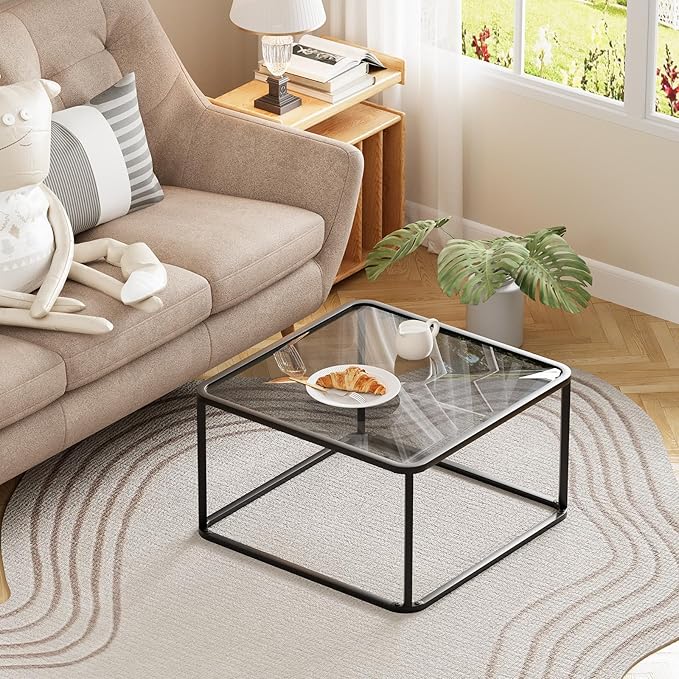 Coffee Table Glass, Minimalist Square Tables for Living Room, Modern Center Table for Office or Small Space, Sturdy Metal Frame, Easy Assembly, 26.4 x 26.4 x 15.7 Inches, Black & Grey Glass