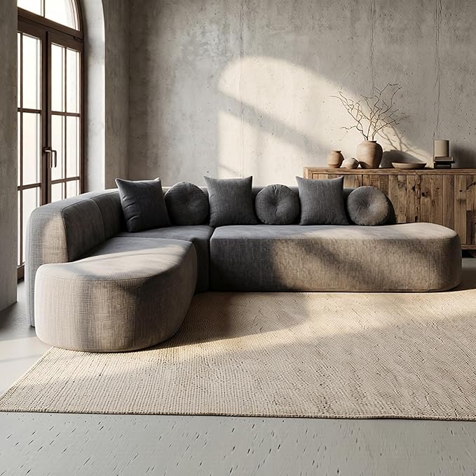 123" Boneless Modular Sectional Sofa, Modern Curved L-Shaped Cloud Foam Couch with High Density Sponge & Pocket Spring, Chenille Fabric, Non-Assembly Frameless Floor Sofa for Living Room | Plush, Wider Armrest