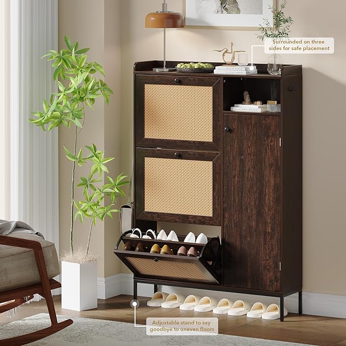 GarveeLife 3-Tier Rattan Shoe Cabinet with Flip Drawers, Adjustable Shelves and Narrow Storage Design, Perfect for Entryways, Hallways, and Bedroom Organization in Wood