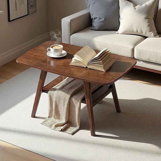 Mid Century Modern Coffee Table: 100% Solid Wood Coffee Table - 2-Tier Storage Design - Practical Coffee Tables for Living Room, Apartment, Easy Assembly (Walnut, 39.37")