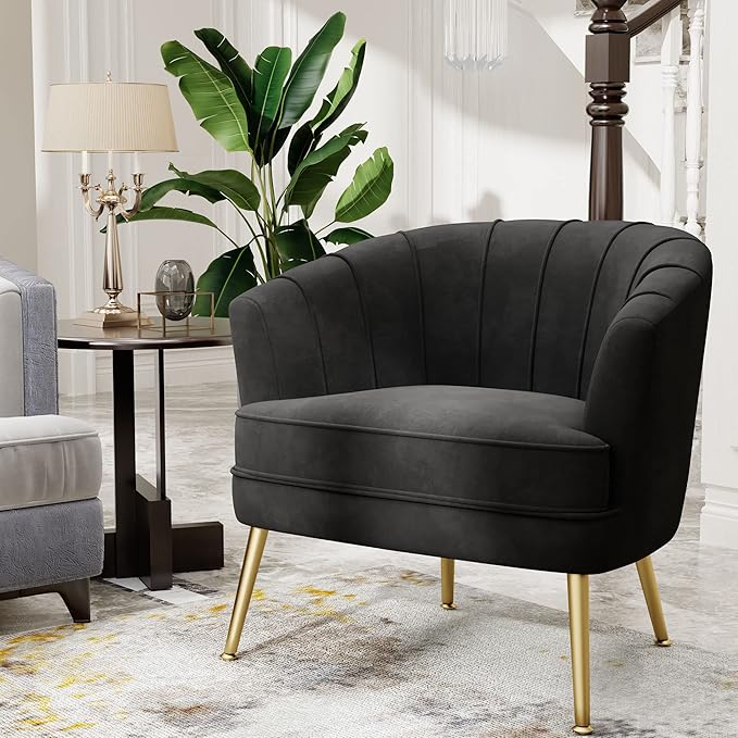 Andeworld Velvet Accent Chair, Upholstered Modern Single Sofa Side Chair,Comfy Barrel Club Living Room Armchair with Golden Metal Legs for Bedroom Living Reading Room Office, Black