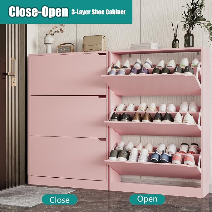 Xixini Shoe Storage Cabinet for Entryway with 3 Flip Drawers, Sturdy Wood Hidden Shoe Storage, Freestanding Narrow Slim Shoe Organizer for Front Door Entrance, Living Room, Hallway, Bedroom, Pink - Image 3