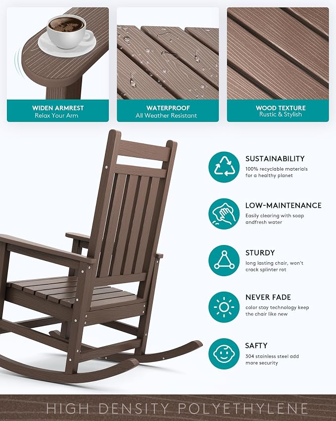 SERWALL Oversized Rocking Chair, Outdoor Rocking Chair for Adults, All Weather Resistant Porch Rocker for Lawn Garden, Brown - Image 4