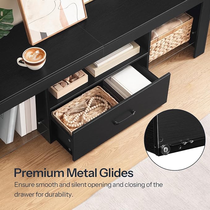 HOOBRO LED TV Stand with Power Outlets to 65 inch TV, Gaming Entertainment Center with Glass Shelves and Large Drawer, Modern Media TV Console Table for Living Room Bedroom, Black BB14UDDS01G1 - Image 6