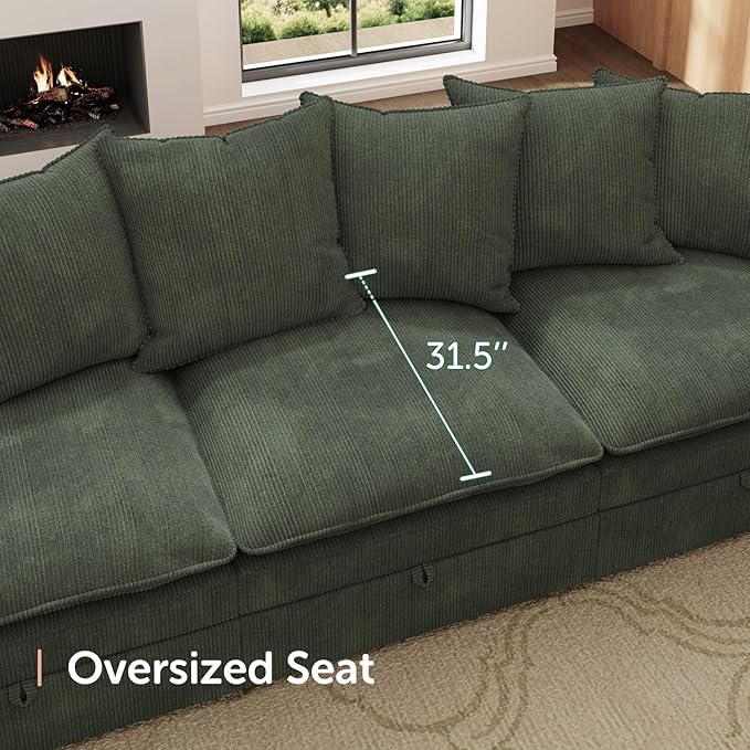 HONBAY Modular Sectional Sofa, 6 Seaters Corduroy Sectional Couchwith Ottoman, L Shaped Sofa with Storage & Pillows, Green