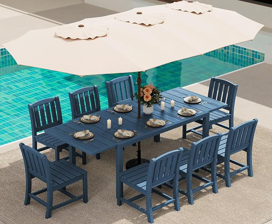 SERWALL 10-Piece Patio Dining Sets with 15FT Patio Umbrella, 60" - 83" Expandable Outdoor Dining Table and 8 HDPE Chairs, All Weather HDPE Outdoor Furniture Set, Blue (Umbreall Base not Included) by SERWALL