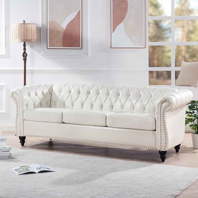 ERYE 84.5-Inch Classic 3 Seat Chesterfield Sofa Couches for Living Room Bedroom, 3 Seaters Button Tufted Faux Leather Upholstered Chesterfield Sofa Couch,Wood Legs | Button Tufted, Easy to Assemble, Nailhead, Removable Cushion