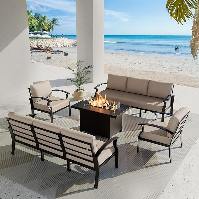 ALAULM Aluminum Patio Furniture Set with Propane Fire Pit Table 8-seat Metal Outdoor Furniture w/Fire Pit Patio Conversation Set w/5.1" Cushions for Patio, Backyard, Poolside-Sand