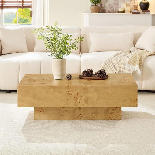 WILLIAMSPACE 43.31" Rectangle Coffee Table with Burl Wood Veneer & Sturdy Base, Modern Luxury Wood Drum Center Table Accent Side End Table for Living Room Apartment, Natural