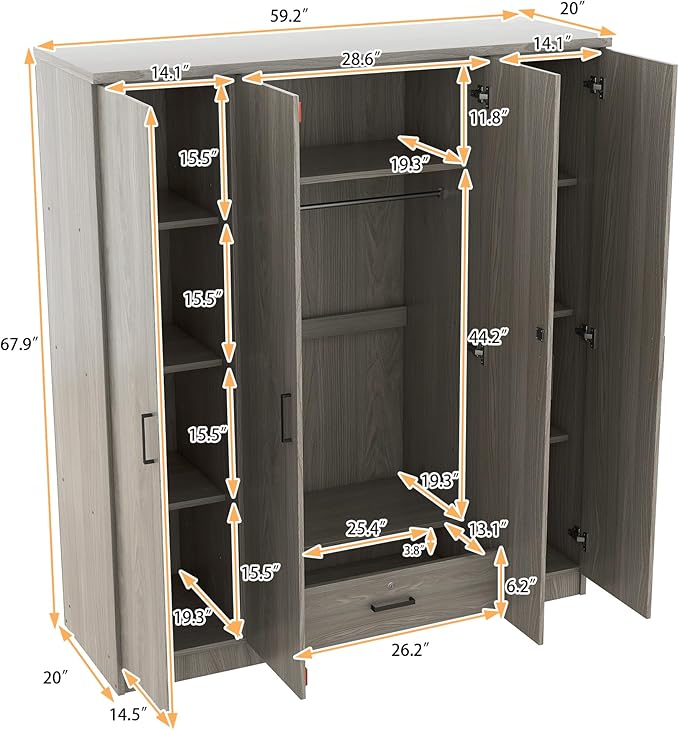 Merax 4 Doors Closet Wardrobe with Hanging Rail, Wood Closet Organizers and Storage with One Drawer and Two 4-Tier Storage Shelves, Top Cabinet for Bedroom, Laundry Room, Gray