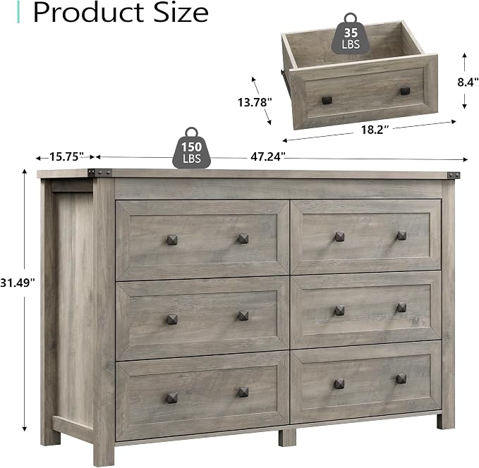 Dresser for Bedroom with 6 Drawers, Farmhouse Wood Chest of Drawers, Wide TV Stand Closet Storage Furniture with Metal Handle, Modern Clothes Organizer for Hallway, Living Room, Entryway, Light Grey - Image 3
