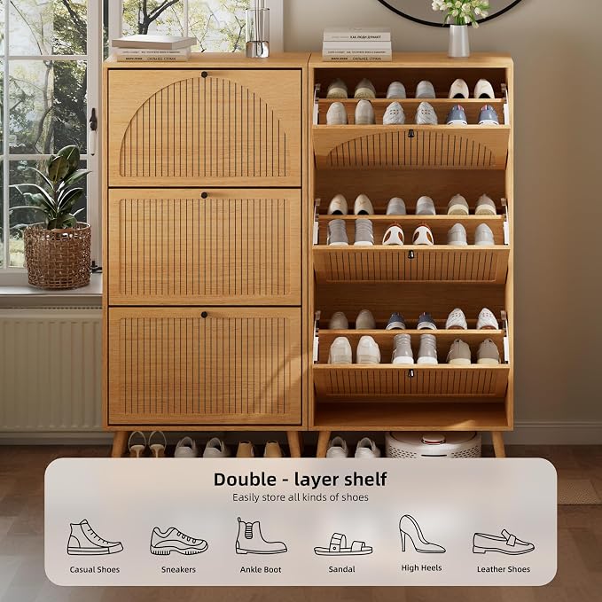 Fsbecl Shoe Storage Cabinet for Entryway with 3 Flip Drawers, Narrow Shoe Organizer with Fluted Panel, Freestanding Wood Hidden Shoe Cabinet for Hallway (Wood Color, 23.6''W, Double Layer) - Image 7