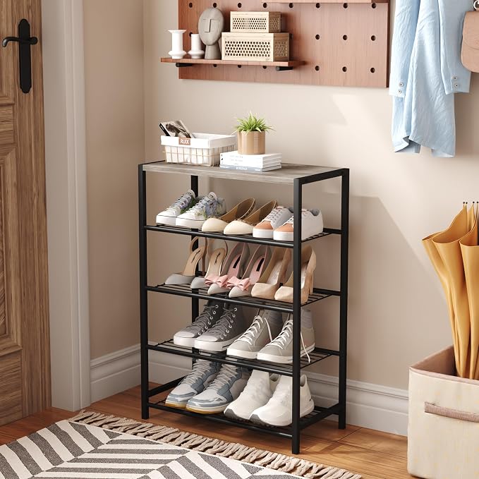 HOMEFORT 5 Tiers Shoe Rack Organizer,23" Shoe Storage Shelf for Closet, Shoe Rack for Entryway, Each Tier Fits 3 Pairs, Shoe Stand with Metal Shelves and MDF Top Board, Washed Gray - Image 4