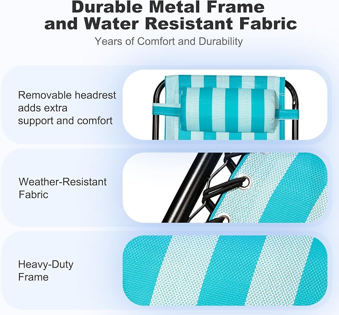 Nazhura Set of 2 Relaxing Recliners Patio Chairs Adjustable Steel Mesh Zero Gravity Lounge Chair Beach Chairs with Pillow and Cup Holder (Light Blue Stripe) - Image 4