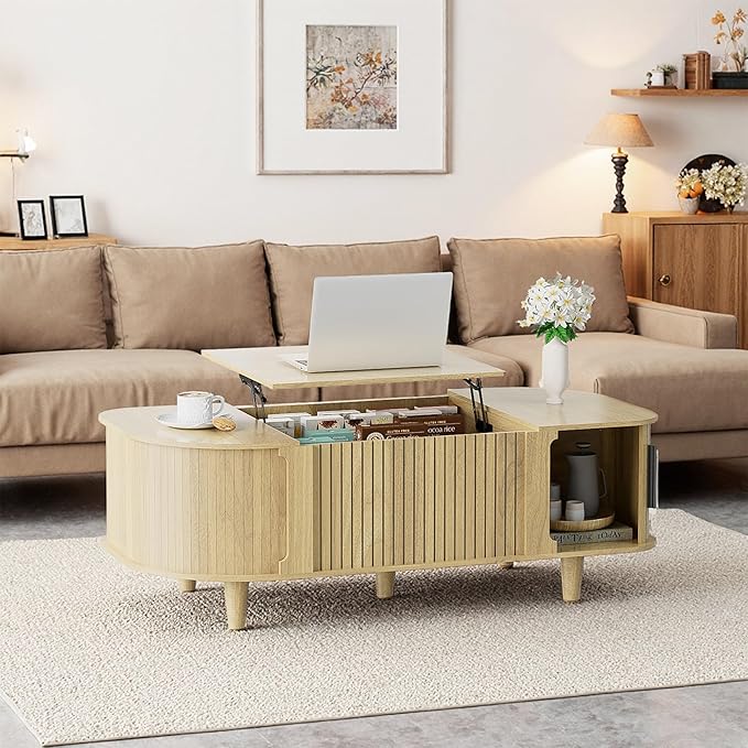 Lift Top Coffee Table, Oval Mid Century Modern Center Table with 3 Hidden Storage, 41" Coffee Tables with Sliding Door and Open Cabinet for Living Room Bedroom Office, Natural Wood