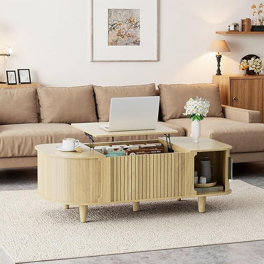 Lift Top Coffee Table, Oval Mid Century Modern Center Table with 3 Hidden Storage, 41" Coffee Tables with Sliding Door and Open Cabinet for Living Room Bedroom Office, Natural Wood