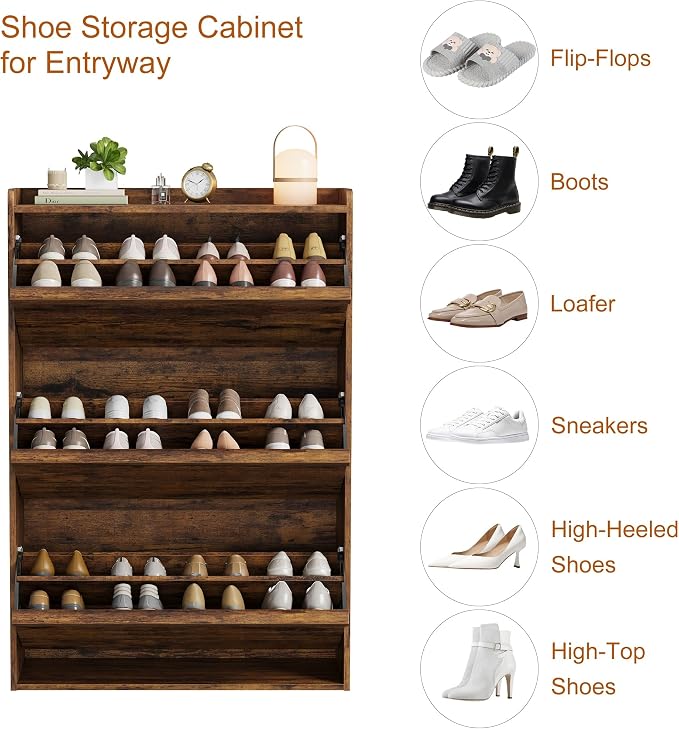GarveeHome Shoe Cabinet with 3 Flip Drawers, Wooden Shoe Organizer Cabinet with Adjustable Shelf, Shoe Storage for Entryway, Hidden Shoe Cabinet for Hallway, Living Room, Rustic Brown - Image 6
