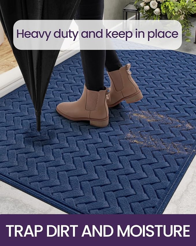 DEXI Front Door Mat Outside Entrance, 3x5 ft Large Non Slip Entry Doormat Dirt Trapper with Rubber Back, Low Profile Ultra Absorbent Welcome Mats for Inside House Home Patio Entryway, Wave Navy - Image 3
