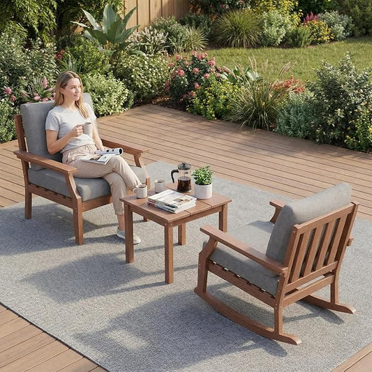 HDPE Patio Conversation Set, 3-Piece All Weather Outdoor Furniture Set with 1 Single Sofa，1 Rocking Sofa for Deck, Lawn, with Cushion, Brown