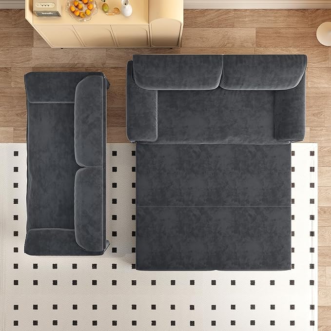 66" Queen Size Pull Out Sofa Bed, 3-in-1 Convertible Sleeper with Side Storage and Wheels, Velvet Loveseat for Living Room, Apartment, Bedroom, Grey (Mattress & Bedding Not Included)