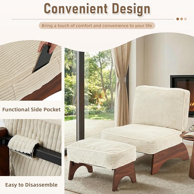 EROMMY Accent Chair with Ottoman, Modern Corduroy Living Room Chair with Adjustable Backrest & Footrest Set, Comfy Reading Chair for Living Room Bedroom Reading Room Guestroom, Cream