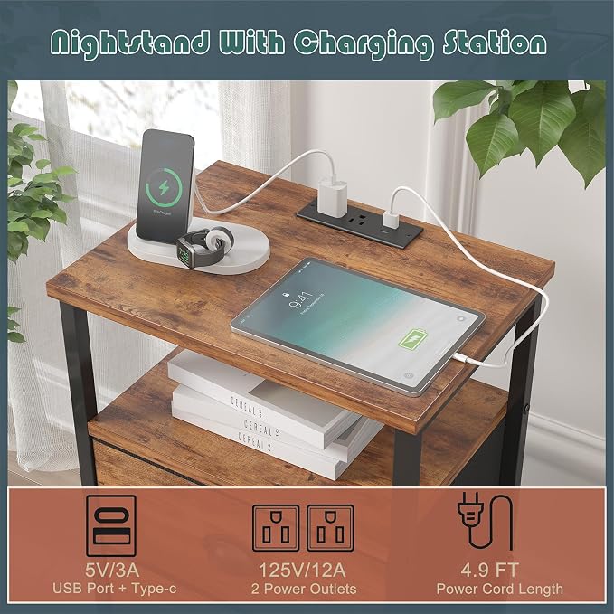 sthmec Nightstand with Charging Station,LED Night Stand with 3 Fabric Drawers, Bedside End Tables, 2-Tier Open Storage Shelf Side Table Nightstand with Drawers for Bedroom,Rustic Brown - Image 5