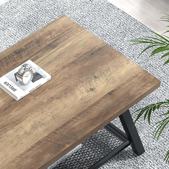 FOLUBAN Coffee Table with Storage, Modern Rustic Wood and Metal Coffee Tables for Living Room, Industrial 2-Tier Center Tea Cocktail Table, Oak, 47 Inch