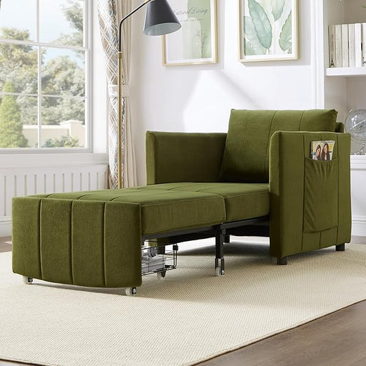 Ball & Cast 31.5" Futon Sofa-Bed,Convertible Pull Out Couch with Storage Basket,Sleeper Sofabed W/Adjustable Backrest and Side Pocket,Chaise Lounge for Living Room,Chenille Fabric,Green