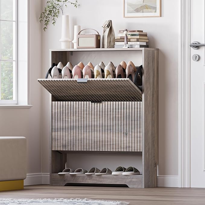 BORNOON Shoe Cabinet with 2 Flip Drawers, Fluted Shoe Storage Cabinet with Adjustable Shelves, Freestanding Rack and Organizer for Entryway, Closet, Hallway by BORNOON