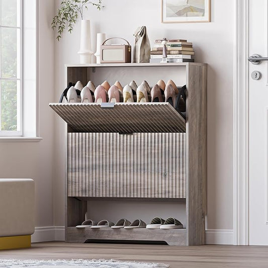BORNOON Shoe Cabinet with 2 Flip Drawers, Fluted Shoe Storage Cabinet with Adjustable Shelves, Freestanding Rack and Organizer for Entryway, Closet, Hallway by BORNOON