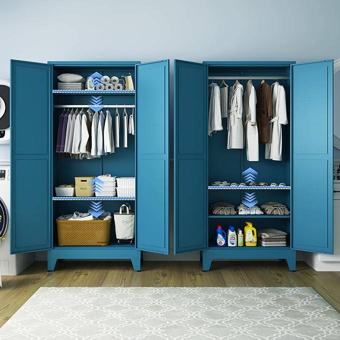 Metal Armoire Wardrobe Closet with Hanging Rod, 71'' Metal Wardrobe Cabinets with 2 Doors and Adjustable Shelves, Bedroom Armoires, Laundry Room Clothing Storage Cabinet, Office Wardrobes