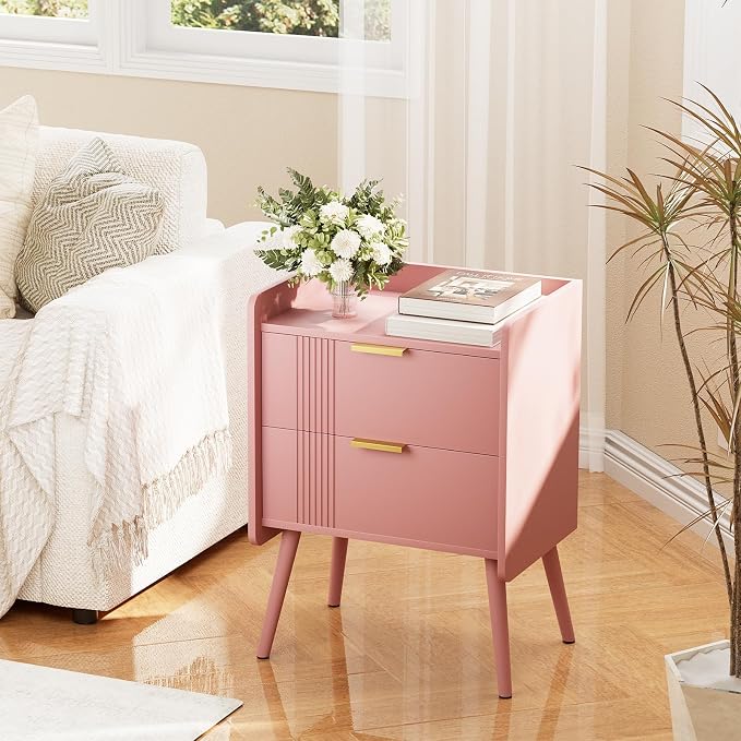 Aenuert Nightstand Modern Bedside Table with 2 Storage Drawer, Small Night Stand, Wooden Sofa Side Table for Bedroom,Study Room and Small Spaces (Pink) - Image 3