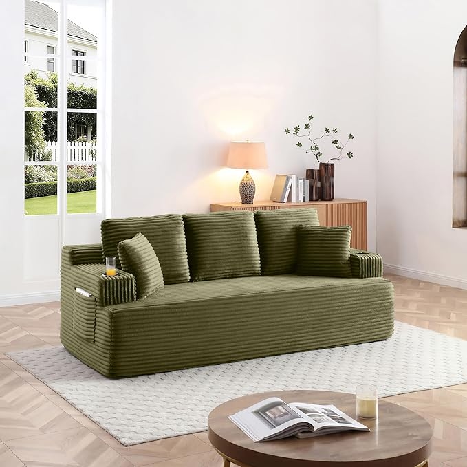 Eafurn Floor Loveseat Boneless Sofa Couch in a Box with Cup Holder and Side Pockets, 3 Seater Comfy Corduroy Upholstered Foam Couch with Deep Seating for Living Room,No Assembly | Breathable material, Cupholders