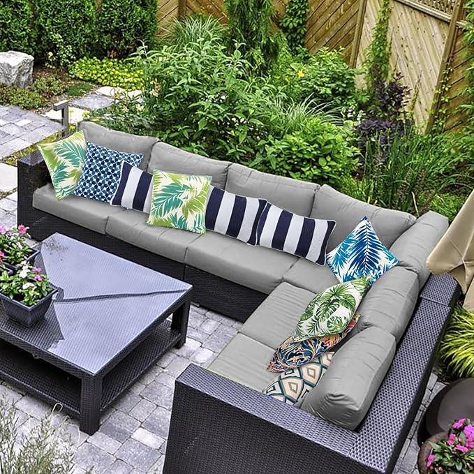 JMGBird Outdoor Lumbar Pillows, Water-Repellent Throw Pillows with Insert, Pack of 2, 12×20 Inch- Add a Pop of Color Outdoors (Blue and White)