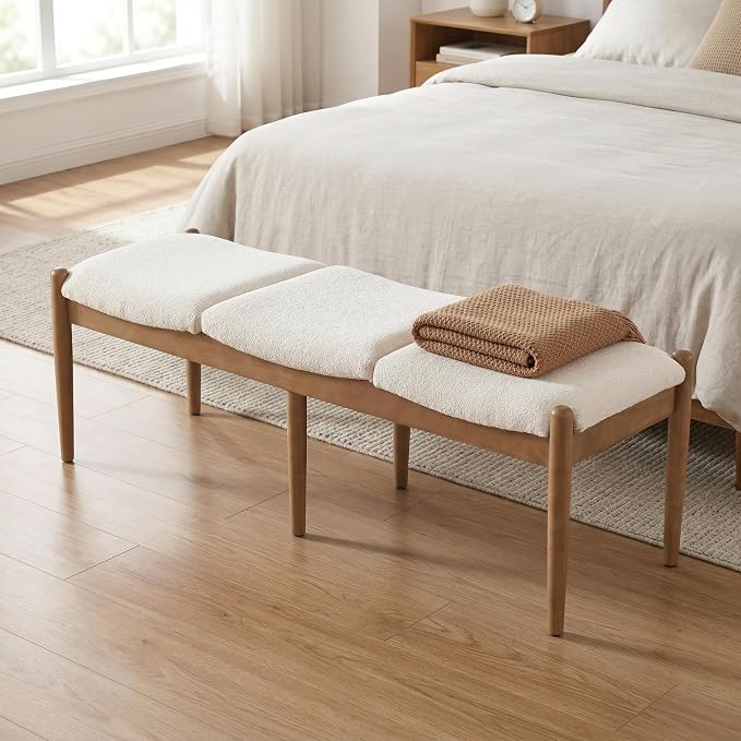 DUOMAY 55'' Modern Ottoman Bench, Chenille Upholstered Entryway Bench Bedroom Bench with Wood Legs, End of Bed Bench for Bedroom, Living Room, Corners, Kitchen, Beige by DUOMAY