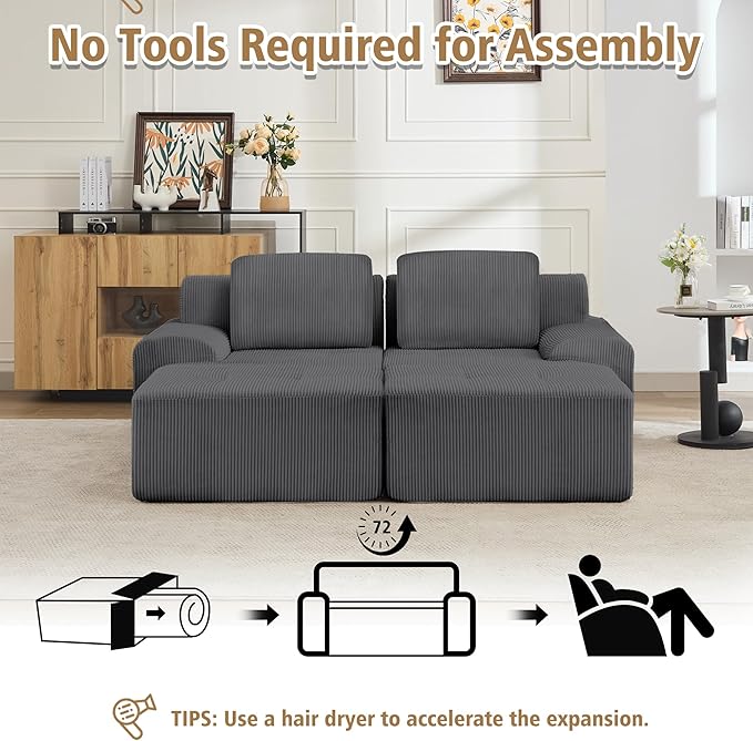 KIGOTY Modular Sectional Sofa, 4 PCS Comfy Cloud Sectional Couch with Deep Seat, Sleeper Sofa Bed with Ottoman, Modern Boneless Couch for Living Room, No Assembly Required,Grey