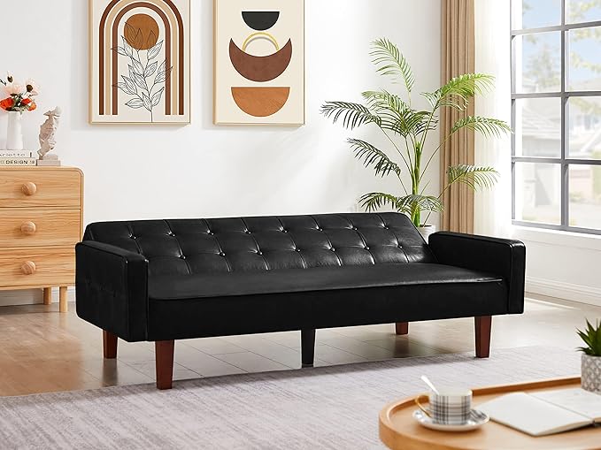 Modern PU Leather 3-Seat Couch, Adjustable Backrest Convertable Sofa, Sleek Minimalist Fold Out Couch Loveseat with Armrests, Sofa for Living Room Home Office Spaces, Black