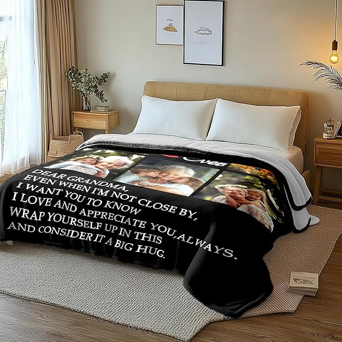 Personalized Mothers Day Birthday Gifts for Grandma from Granddaughter Grandson, Custom Blanket with Photos, Best Grandma Ever Customized Blankets with Photos